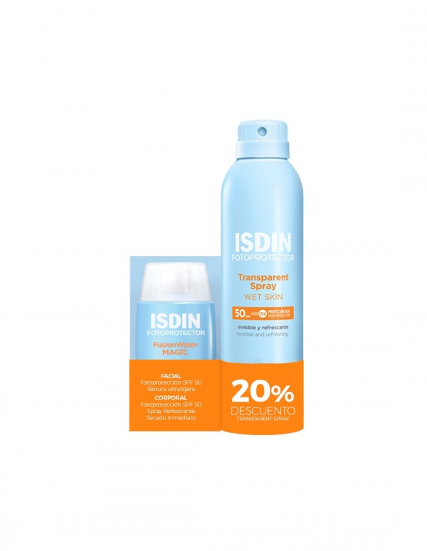 FOTOPROTECTOR ISDIN TRANSPARENT SPRAY WET SKIN SPF50+ 250ML + FUSION WATER MAGIC SPF50+ 50ML